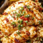 A beautifully plated slow cooker lemon herb chicken and rice dish featuring tender chicken pieces coated in herbs and lemon, served atop fluffy rice with fresh herbs and lemon slices as garnishes; the presentation emphasizes vibrant colors and textures with a rustic yet elegant plating style.