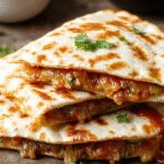 A close-up of a crispy, golden-brown quesadilla cut into four wedges, filled with melted cheese and bits of seasoned meat, garnished with fresh cilantro on a vibrant plate. The quesadilla's texture is crispy on the outside, with gooey cheese visible at the edges, and steam gently rising from it.