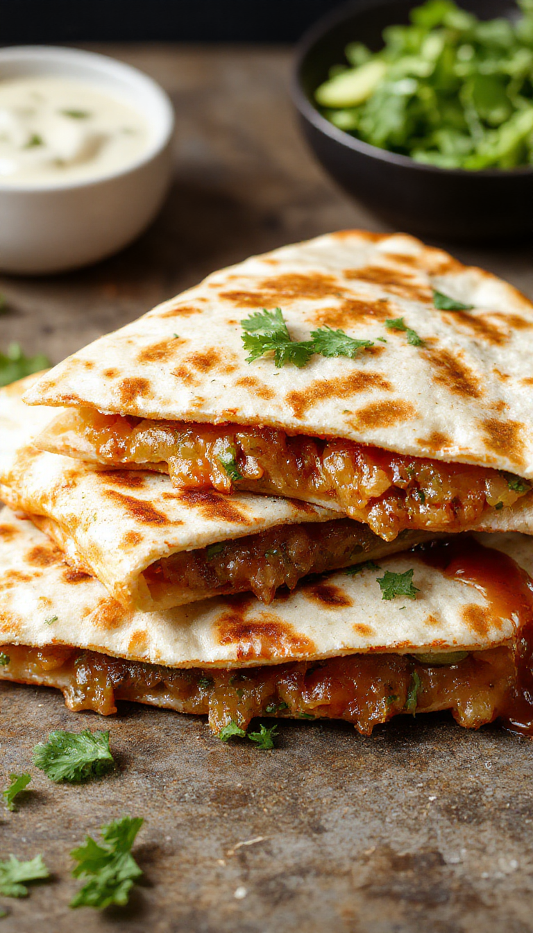 A close-up of a crispy, golden-brown quesadilla cut into four wedges, filled with melted cheese and bits of seasoned meat, garnished with fresh cilantro on a vibrant plate. The quesadilla's texture is crispy on the outside, with gooey cheese visible at the edges, and steam gently rising from it.