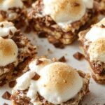 A close-up of S'more Bars showcasing a golden-brown graham cracker crust topped with gooey melted marshmallows and rich chocolate drizzles, cut into neat squares and arranged on a rustic wooden serving board.