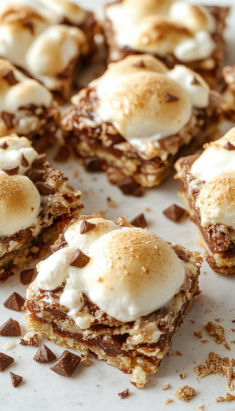 A close-up of S'more Bars showcasing a golden-brown graham cracker crust topped with gooey melted marshmallows and rich chocolate drizzles, cut into neat squares and arranged on a rustic wooden serving board.
