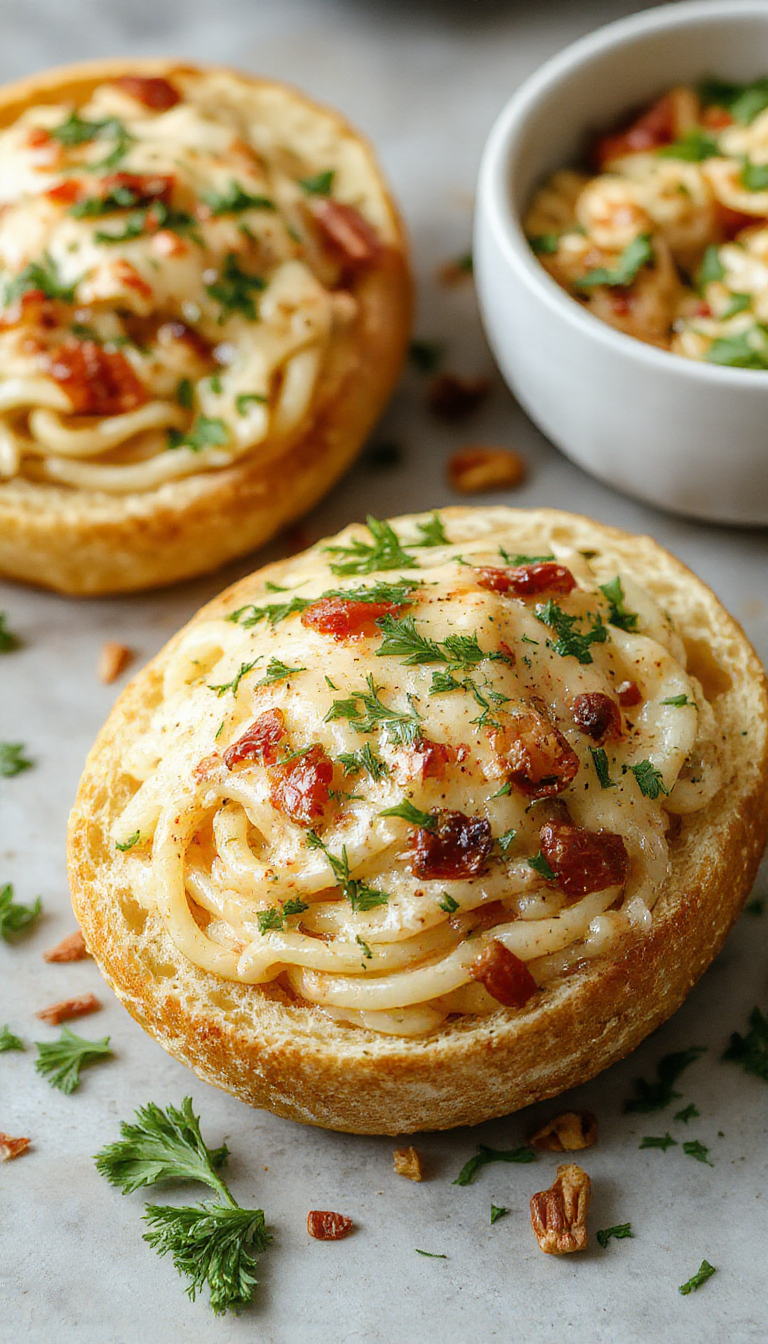 A close-up of a golden-brown bread bowl filled with steaming spaghetti coated in a rich, cheesy garlic sauce. The bread bowl's crusty exterior contrasts with the gooey cheese and tender pasta inside, garnished with fresh herbs and garlic pieces, presented on a rustic wooden table.
