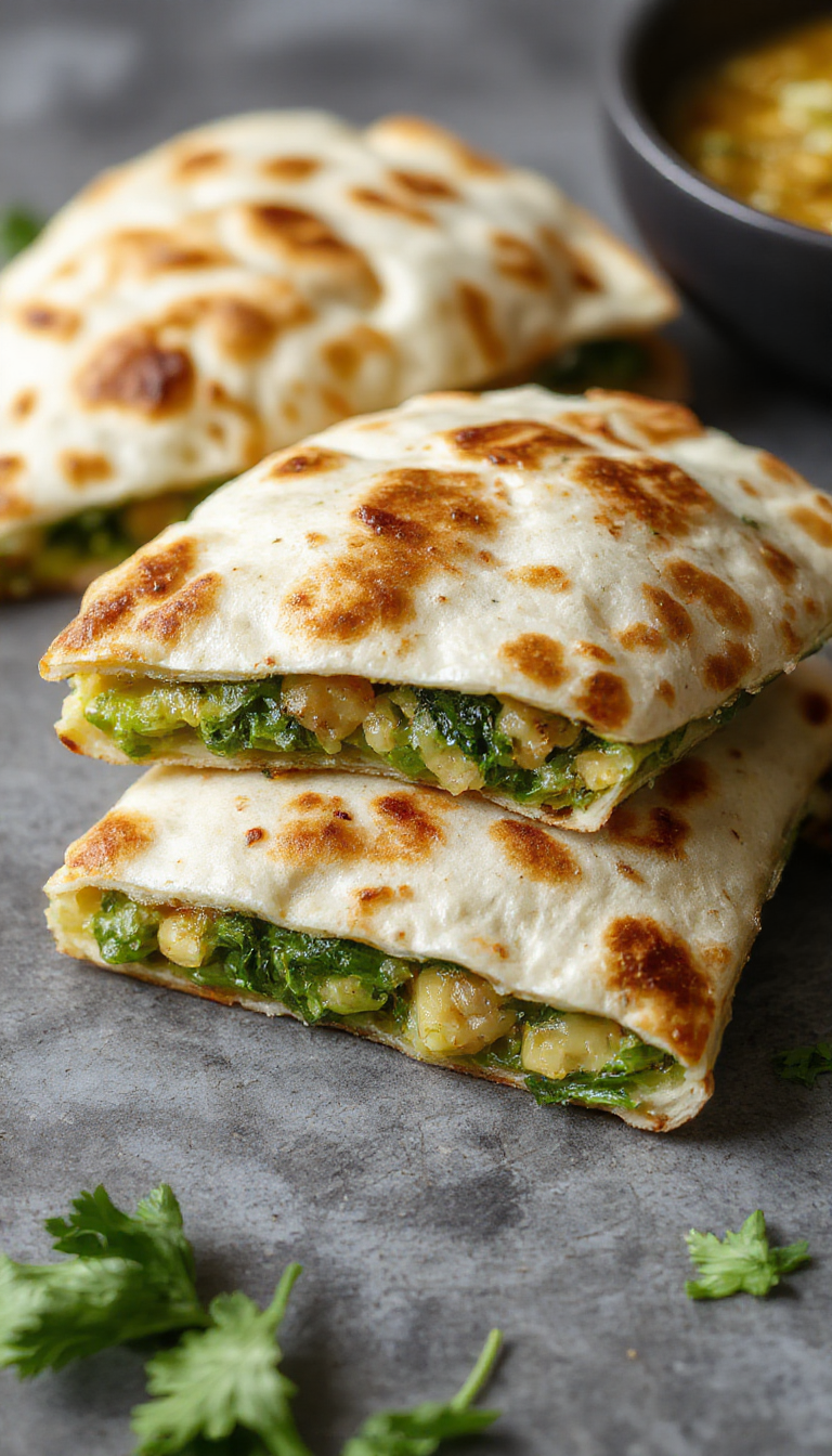 Golden-brown quesadilla cut into four wedges, revealing a vibrant green spinach and crumbled white feta filling inside. The quesadilla is placed on a rustic wooden board, with melted cheese slightly oozing at the edges, garnished with fresh herbs and accompanied by a small bowl of salsa.