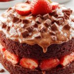 A slice of strawberry chocolate cake on a white plate, showcasing layers of rich chocolate cake interlaced with vibrant red strawberry filling, topped with fresh strawberry slices and a drizzle of chocolate sauce, with a smooth chocolate glaze on top.