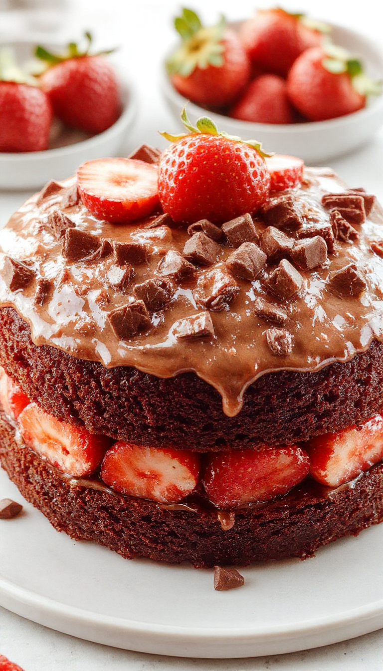 A slice of strawberry chocolate cake on a white plate, showcasing layers of rich chocolate cake interlaced with vibrant red strawberry filling, topped with fresh strawberry slices and a drizzle of chocolate sauce, with a smooth chocolate glaze on top.
