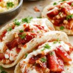 A pair of crispy taco shells filled with creamy cheesecake and topped with vibrant red strawberry crunch topping. The tacos are arranged on a white plate, garnished with fresh strawberries and a drizzle of strawberry sauce. The presentation highlights the contrast between the golden shells and the colorful toppings, with a textured crumb exuding a crunchy appeal.