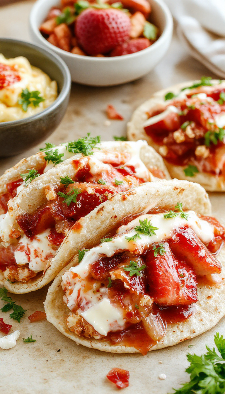 A pair of crispy taco shells filled with creamy cheesecake and topped with vibrant red strawberry crunch topping. The tacos are arranged on a white plate, garnished with fresh strawberries and a drizzle of strawberry sauce. The presentation highlights the contrast between the golden shells and the colorful toppings, with a textured crumb exuding a crunchy appeal.