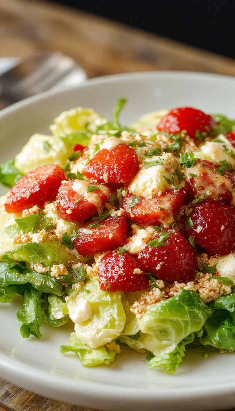 A vibrant strawberry crunch salad arranged in a clear glass bowl, featuring fresh sliced strawberries topped with crunchy granola, microgreens, and drizzled with a light champagne vinaigrette. The colorful components contrast beautifully against a pristine white plate, with a close-up highlighting the textures and freshness of each ingredient.