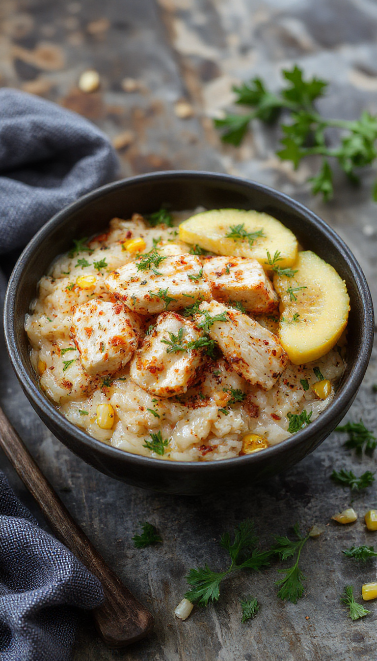 A vibrant street corn chicken rice bowl featuring grilled chicken slices, creamy roasted corn topped with cotija cheese, fresh cilantro, lime wedges, all arranged in a rustic bowl with colorful ingredients creating an inviting presentation.