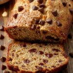 A sliced loaf of banana bread with chocolate chips, golden-brown crust, and a moist interior visible through the cut. The bread is presented on a rustic wooden surface, garnished with a few banana slices and scattered chocolate chips, emphasizing its rich texture and inviting appearance.