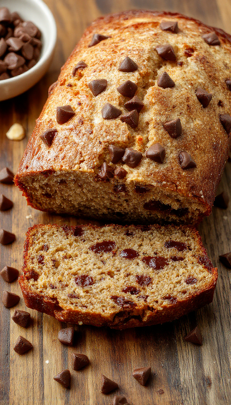 A sliced loaf of banana bread with chocolate chips, golden-brown crust, and a moist interior visible through the cut. The bread is presented on a rustic wooden surface, garnished with a few banana slices and scattered chocolate chips, emphasizing its rich texture and inviting appearance.