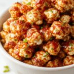 A close-up of golden-brown chicken popcorns arranged on a white plate, garnished with a sprinkle of chili flakes and sesame seeds, with a glossy glaze highlighting their crispy texture. Some pieces appear slightly glossy from the sweet and spicy sauce, contrasting against the crisp coating.