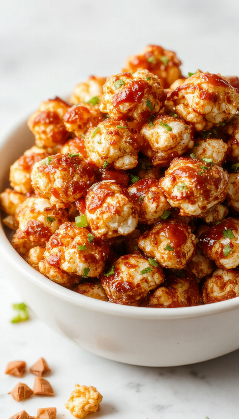 A close-up of golden-brown chicken popcorns arranged on a white plate, garnished with a sprinkle of chili flakes and sesame seeds, with a glossy glaze highlighting their crispy texture. Some pieces appear slightly glossy from the sweet and spicy sauce, contrasting against the crisp coating.
