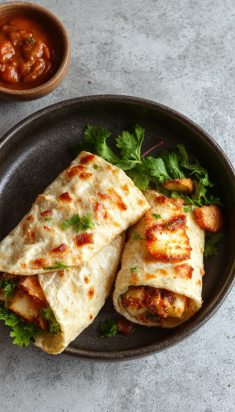 A vibrant sweet chili halloumi wrap sliced open to reveal golden grilled halloumi cheese, crisp fresh lettuce, and colorful bell peppers wrapped in a toasted tortilla with a drizzle of sweet chili sauce visible on the filling.