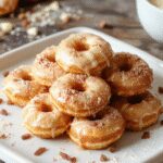 Golden-brown churro donut bites coated in cinnamon sugar, arranged in a casual pile on a rustic wooden surface with a sprinkle of powdered sugar around them