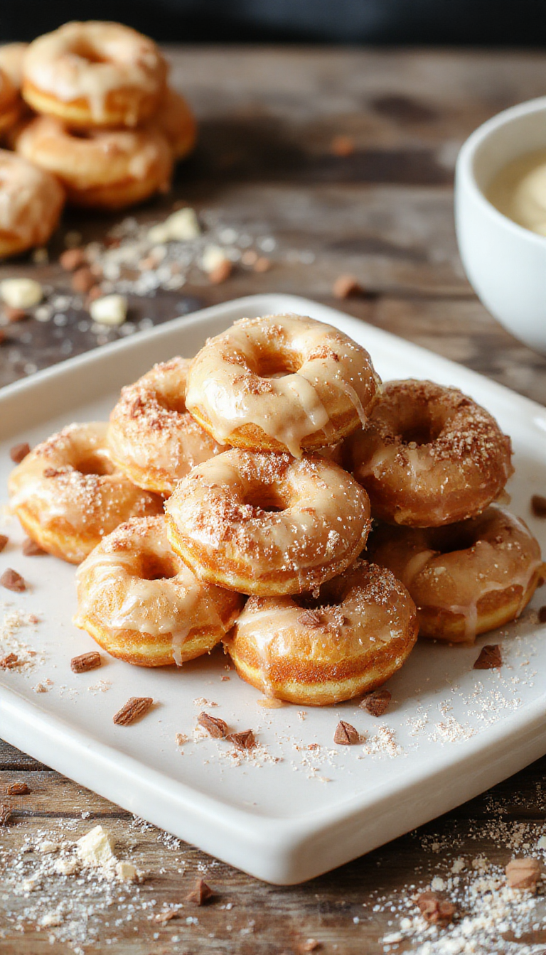 Golden-brown churro donut bites coated in cinnamon sugar, arranged in a casual pile on a rustic wooden surface with a sprinkle of powdered sugar around them