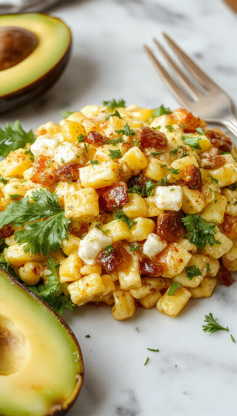 A colorful bowl of Mexican street corn pasta salad featuring vibrant yellow corn kernels, spiral pasta coated in a creamy cheese dressing, garnished with fresh cilantro and squeezed lime, presented on a rustic wooden table with additional corn and herbs nearby.