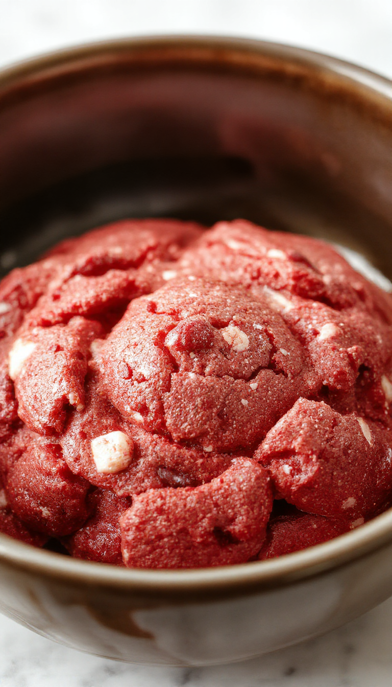 A close-up of vibrant red velvet cookie dough rolled into neat balls on a sleek white plate, with a few broken chunks revealing moist, crumbly texture, garnished with a sprinkle of white chocolate chips and a light dusting of cocoa powder, set against a rustic wooden background.