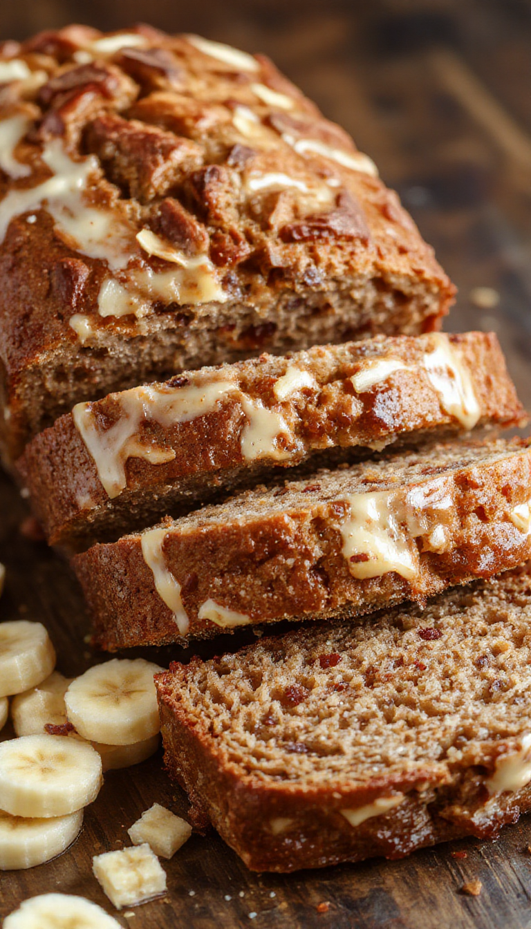A sliced, golden-brown banana bread loaf resting on a white plate, showing moist, dense crumb dotted with banana slices and topped with a light dusting of powdered sugar, with fresh banana slices and a sprig of mint beside it on a rustic wooden table.