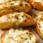 A golden-brown, crispy garlic bread topped with melted cheese, garnished with chopped parsley, with slices revealing a creamy chicken Alfredo filling and a drizzle of Alfredo sauce, all artfully plated on a rustic wooden board.