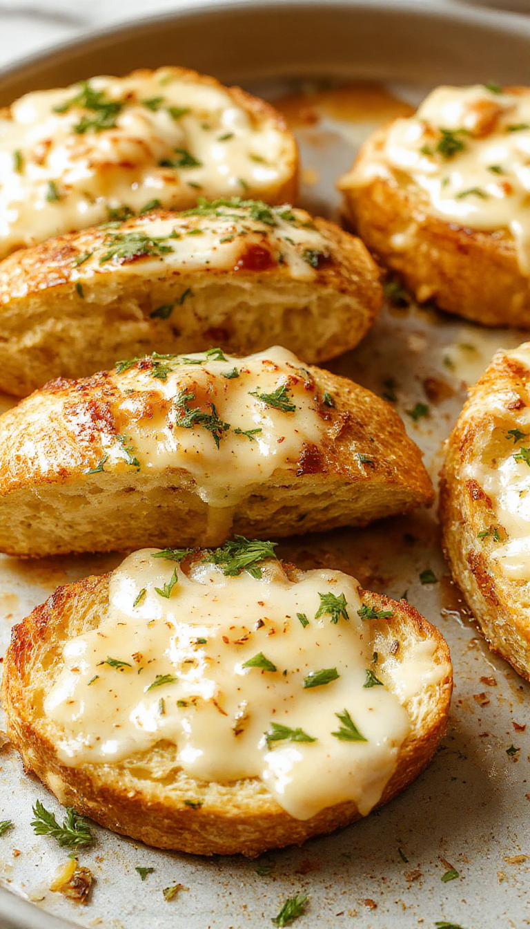 A golden-brown, crispy garlic bread topped with melted cheese, garnished with chopped parsley, with slices revealing a creamy chicken Alfredo filling and a drizzle of Alfredo sauce, all artfully plated on a rustic wooden board.