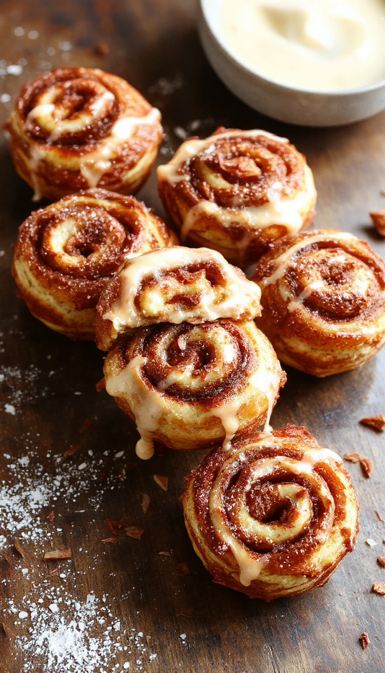 Golden-brown cinnamon roll French toast bites arranged on a white plate, topped with a drizzle of glaze and sprinkled with powdered sugar. The bites are crispy on the outside with a soft, gooey cinnamon roll center, showcasing the caramelized edges and swirls of cinnamon filling.