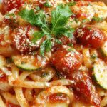 A vibrant plate of tomato zucchini pasta featuring al dente spaghetti coated in a bright red tomato sauce with fresh zucchini slices. Garnished with basil leaves and freshly grated Parmesan, the dish is presented on a rustic white plate with a sprinkling of herbs, showcasing a colorful and appetizing vegetarian pasta.