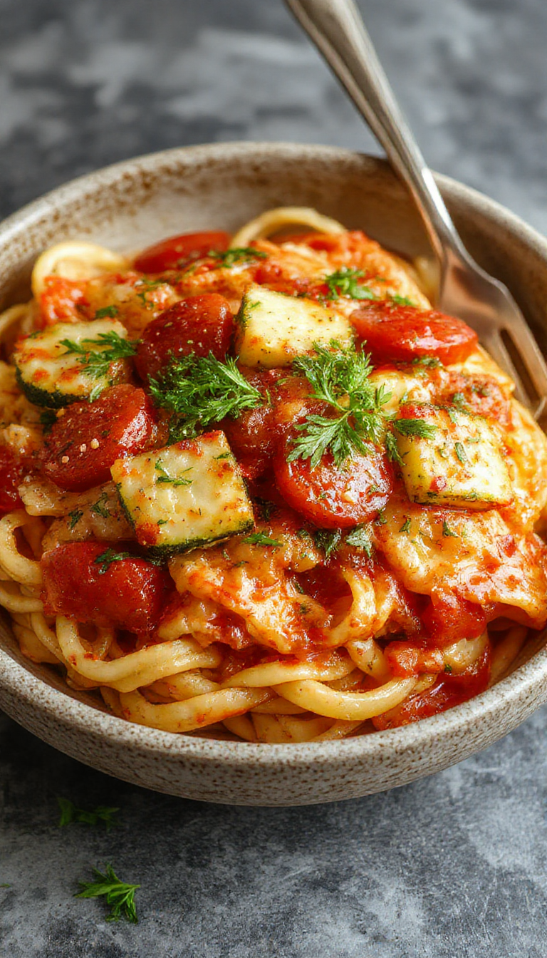 A vibrant plate of tomato zucchini pasta featuring al dente spaghetti coated in a bright red tomato sauce with fresh zucchini slices. Garnished with basil leaves and freshly grated Parmesan, the dish is presented on a rustic white plate with a sprinkling of herbs, showcasing a colorful and appetizing vegetarian pasta.