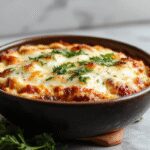 A beautifully presented piece of traditional Greek moussaka showing golden-brown baked top layer, creamy bΓ©chamel sauce, visible layers of tender eggplant and seasoned meat filling, garnished with fresh herbs on a rustic ceramic plate.