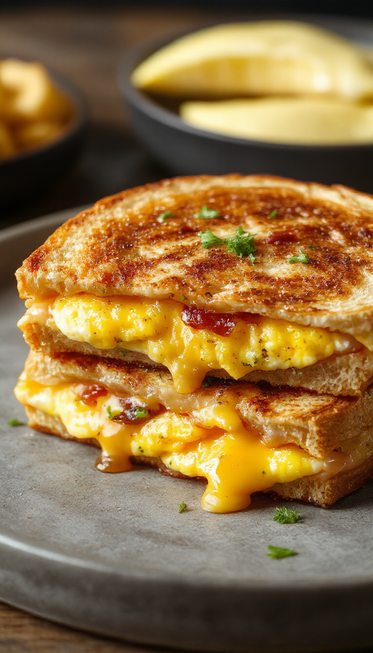 A golden-brown grilled cheese sandwich filled with fluffy scrambled eggs and crispy bacon, cut in half to reveal gooey melted cheese and layers of eggs and bacon, served on a rustic plate with a slight sheen from melted butter.