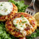 Golden-brown chickpea patties garnished with fresh herbs, served on a white plate with a side of creamy yogurt sauce and lemon wedges, surrounded by vibrant Mediterranean ingredients.