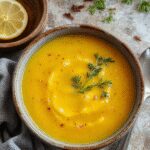 A vibrant bowl of vegan lemon lentil soup showcasing a warm orange hue, topped with freshly chopped parsley and lemon zest. The soup is served in a rustic white ceramic bowl, garnished with slices of lemon and a drizzle of olive oil. The background features a wooden table with a linen napkin, evoking a cozy and wholesome atmosphere.