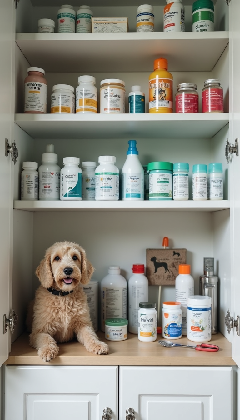 A neatly organized medicine cabinet with pet medications, bandages, grooming supplies, and supplements, featuring clear labels and a modern design, bathed in soft natural light.