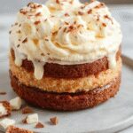 A tall, layered white German chocolate cake adorned with a smooth, white icing and topped with shredded coconut and pecans, with a slice partially removed revealing the moist, airy interior and chocolate layers. The cake is presented on a elegant white platter with a soft-focus neutral background.