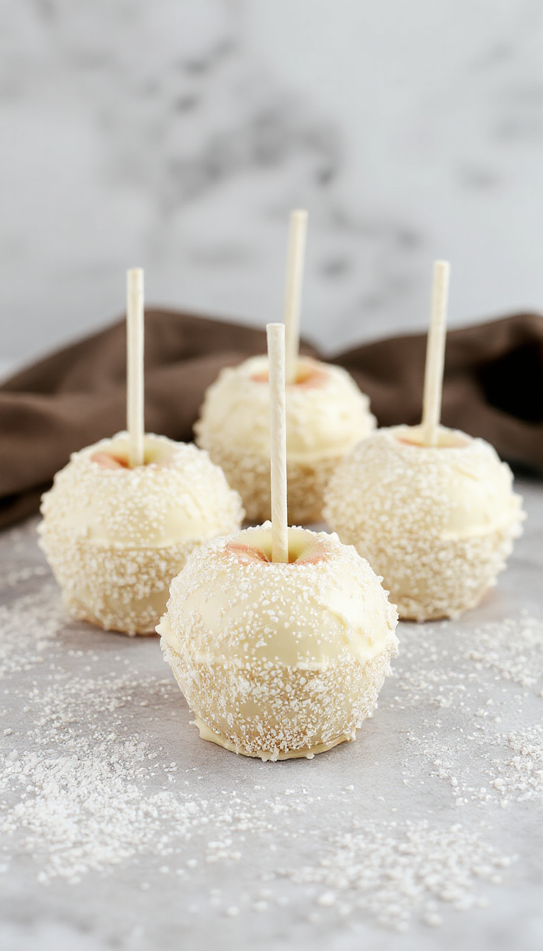 A close-up of glossy white candy apples decorated with edible glitter, arranged on a elegant platter with a festive winter backdrop. The apples are smooth, shiny, and perfectly round, with some topped with sparkles, presenting a luxurious and festive appearance.