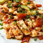 Colorful sheet pan chicken fajitas featuring sliced red and yellow bell peppers, onions, and tender chicken strips, all seasoned and baked to perfection. The ingredients are evenly spread out on a rustic baking sheet, with the vibrant vegetables contrasting against the golden-brown chicken pieces, garnished with fresh cilantro and lime wedges for added freshness.