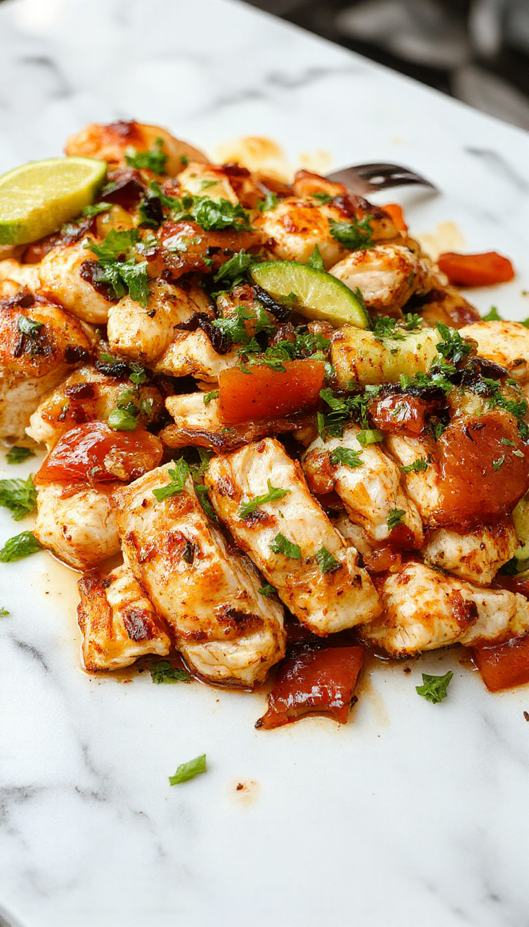 Colorful sheet pan chicken fajitas featuring sliced red and yellow bell peppers, onions, and tender chicken strips, all seasoned and baked to perfection. The ingredients are evenly spread out on a rustic baking sheet, with the vibrant vegetables contrasting against the golden-brown chicken pieces, garnished with fresh cilantro and lime wedges for added freshness.