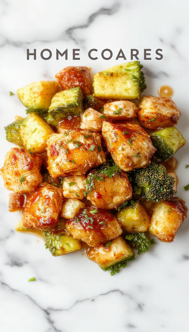 A savory honey garlic chicken dish served in a rustic white bowl, featuring tender chunks of glazed chicken topped with a drizzle of honey and minced garlic, garnished with fresh herbs. Beside it, colorful roasted vegetables including carrots, bell peppers, and green beans add vibrancy, all presented on a wooden table with steam rising subtly from the warm meal.