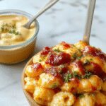 A creamy plate of BBQ Chicken Mac and Cheese topped with shredded cheddar and chopped green onions, served on a rustic wooden table with a drizzle of barbecue sauce around the dish