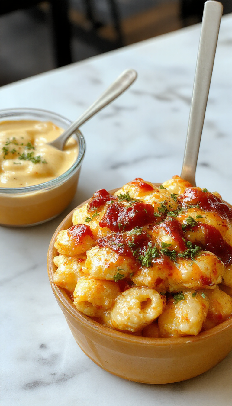 A creamy plate of BBQ Chicken Mac and Cheese topped with shredded cheddar and chopped green onions, served on a rustic wooden table with a drizzle of barbecue sauce around the dish