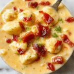 A steaming bowl of creamy bacon cheddar gnocchi soup with golden-brown bacon bits, melted cheddar cheese, and soft gnocchi floating in a rich, velvety broth, garnished with chopped chives and a sprinkle of cheese, presented on a rustic wooden table with fresh herbs nearby.