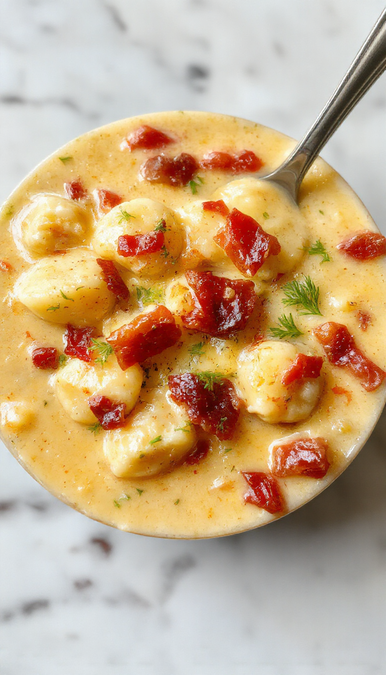 A steaming bowl of creamy bacon cheddar gnocchi soup with golden-brown bacon bits, melted cheddar cheese, and soft gnocchi floating in a rich, velvety broth, garnished with chopped chives and a sprinkle of cheese, presented on a rustic wooden table with fresh herbs nearby.