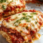 A golden-brown baked chicken parmesan breast topped with melted mozzarella and marinara sauce, garnished with fresh basil leaves, served on a rustic white plate with a side of spaghetti and a sprinkle of parmesan cheese.