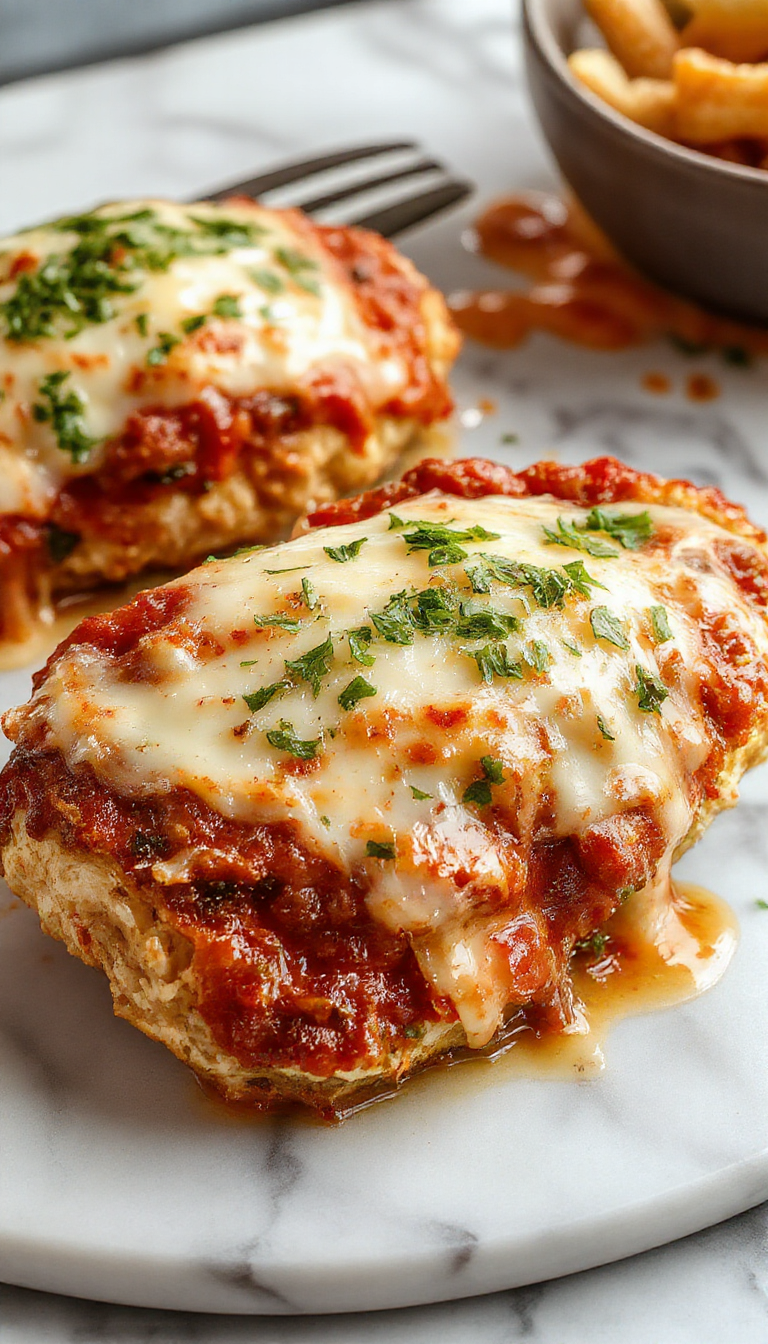 A golden-brown baked chicken parmesan breast topped with melted mozzarella and marinara sauce, garnished with fresh basil leaves, served on a rustic white plate with a side of spaghetti and a sprinkle of parmesan cheese.