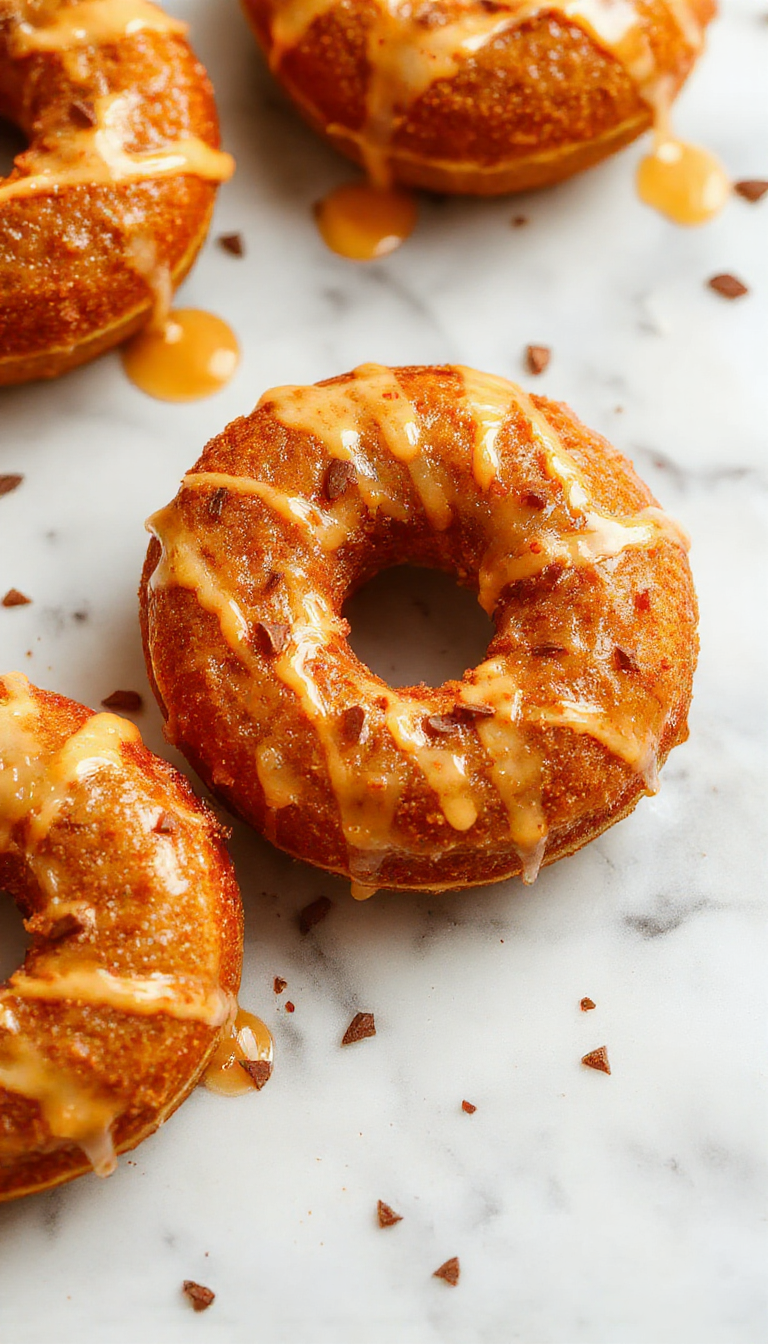 A close-up of baked pumpkin donuts arranged on a rustic wooden platter. The donuts are golden-brown with a dusting of cinnamon and pumpkin spice. A glossy maple glaze drips slightly from some of the donuts, highlighting their sticky, sweet coating. The presentation includes a small bowl of extra maple glaze and scattered cinnamon sticks and pumpkin seeds in the background, creating a warm, autumnal atmosphere.
