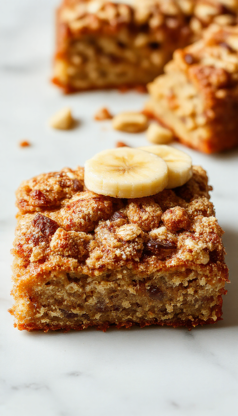A slice of banana crumb cake with a golden crumb topping and a moist banana interior. The cake is plated on a white dish with a fork beside it, highlighting its fluffy texture and crust. The background features a rustic wooden table with soft natural lighting illuminating the dessert.