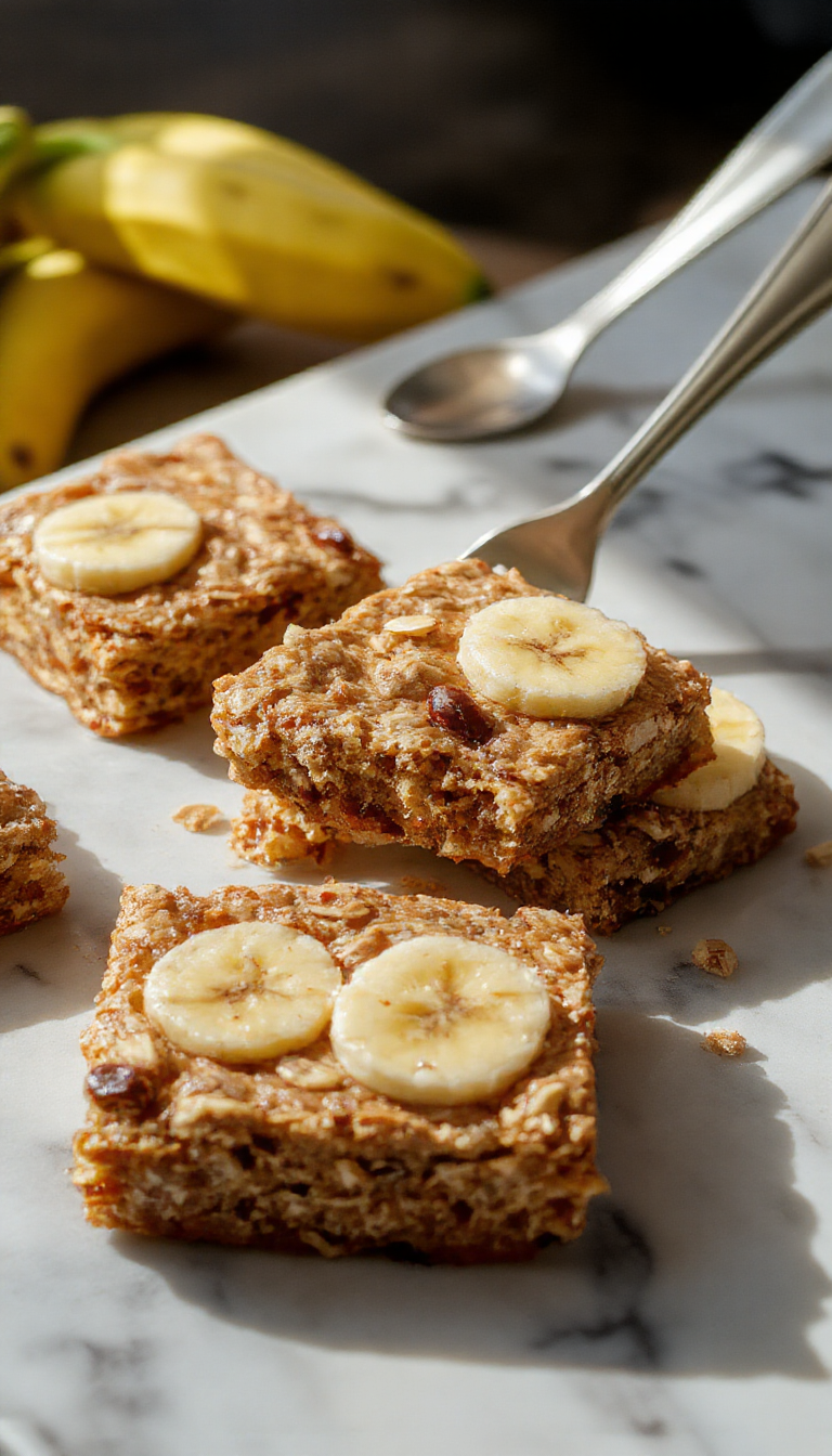 Golden-brown banana oatmeal bars arranged on a rustic wooden surface, showing a slightly crumbly texture with visible banana slices and oats, some bars cut open to reveal a moist interior with chunks of banana and oats, garnished with a few banana slices and oat flakes.