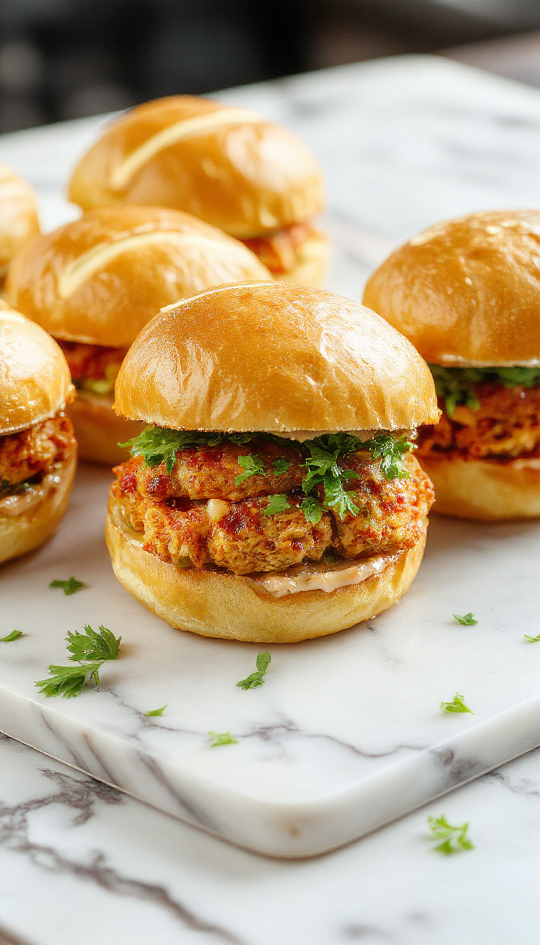 A close-up of three golden-brown chicken sliders arranged on a white platter, topped with creamy bang bang sauce, garnished with chopped green onions, and served alongside fresh salad greens, all styled against a rustic wooden background.