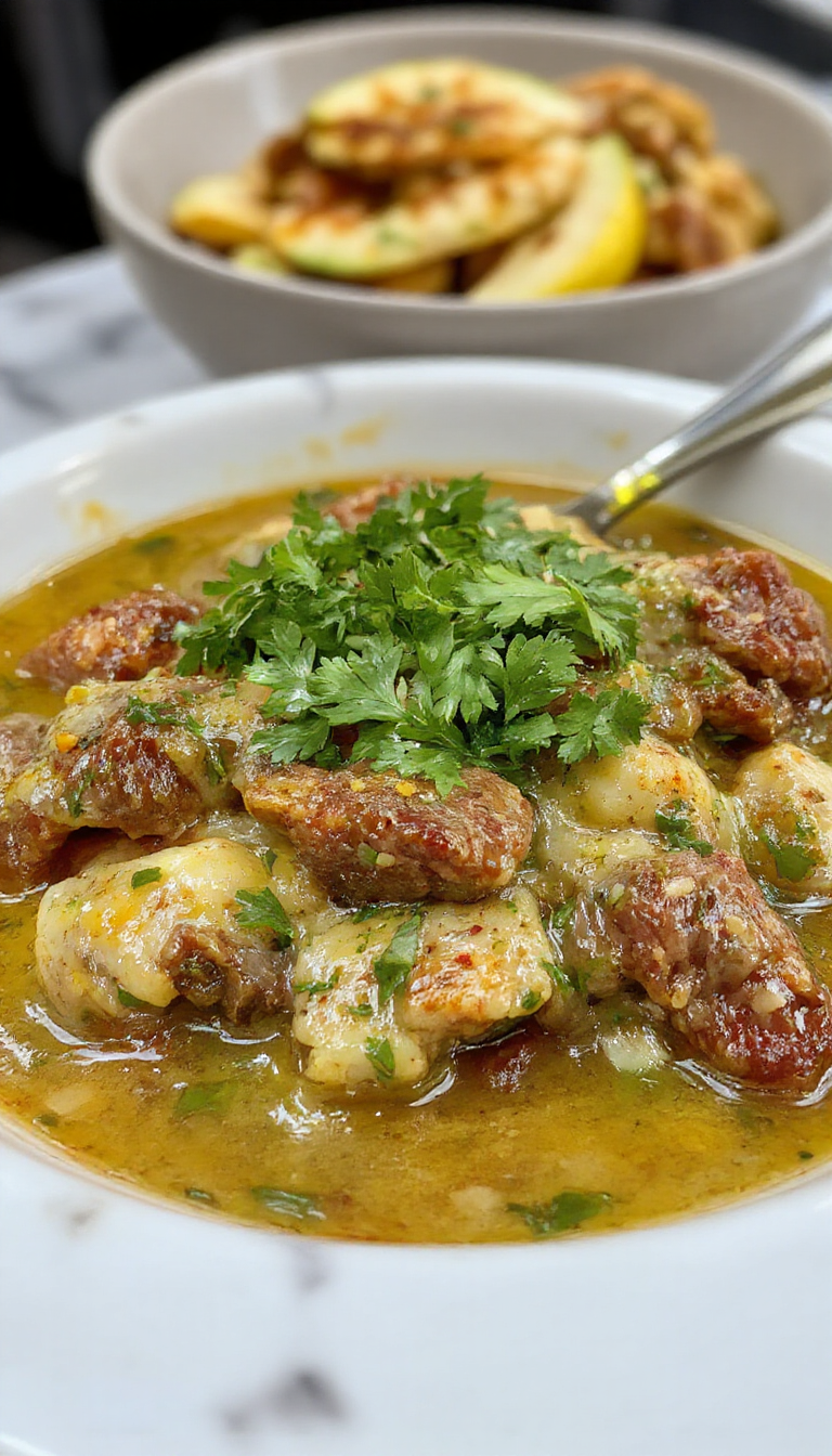 A vibrant bowl of Beef Chile Verde showcasing tender chunks of beef submerged in a bright green sauce, garnished with fresh cilantro and served alongside warm tortillas. The dish's glossy, thick sauce and succulent meat are visually appealing against a rustic wooden table backdrop.