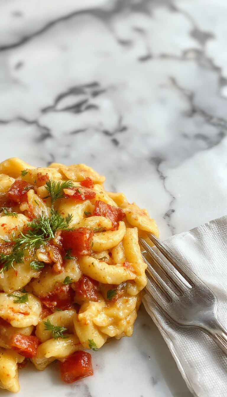A vibrant plate of cooked orzo pasta garnished with fresh herbs and cherry tomatoes, presented on a rustic wooden table with a fork twirling the pasta, showcasing its tender texture and colorful ingredients.